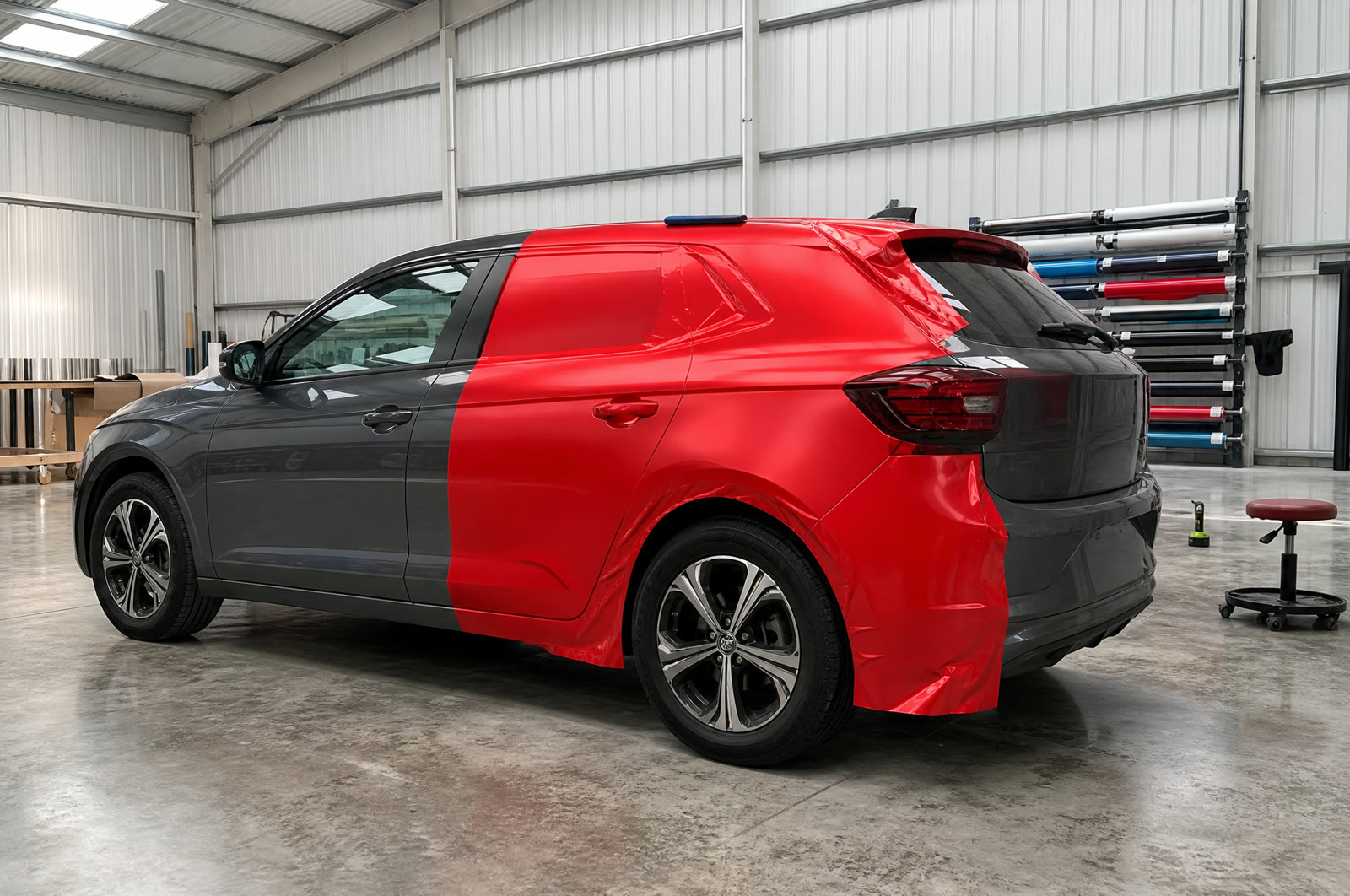 Auto in der Halle, zur Hälfte mit roter Folie beklebt